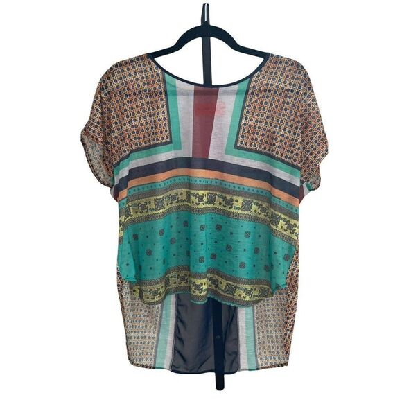 𝅺clover Canyon Multi-Colored Mixed Print Blouse Top S High Low Hem Boho - Picture 1 of 4